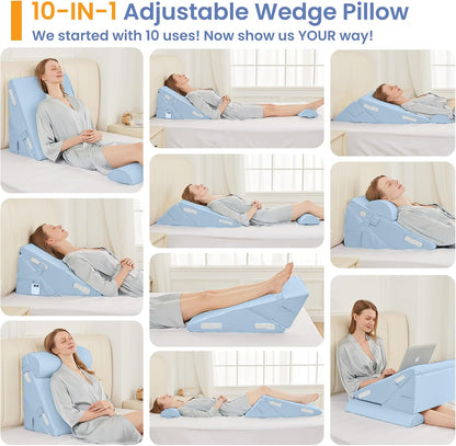 Sasttie Wedge Pillow Set for After Surgery, 2PCS Adjustable Bed Wedge Pillow Headboard with Memory Foam Neck Cushion – for Acid Reflux, Sleeping, Neck & Back Support, Dark Grey & White