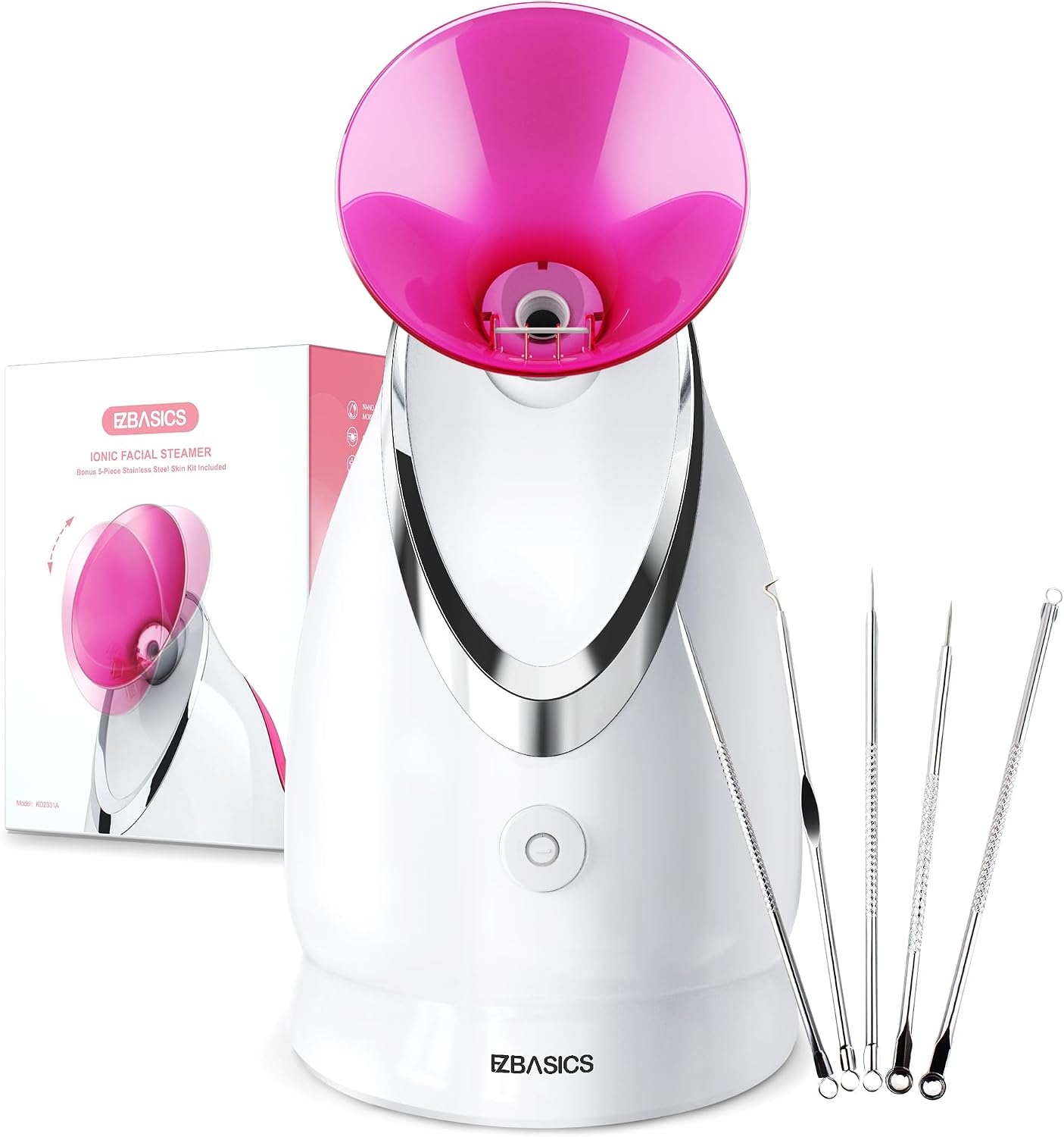 EZBASICS Facial Steamer - Professional Nano Ionic Face Steamer for Facial Deep Cleaning, Warm Mist Humidifier for Home Spa, Unclogs Pores Sinus, Bonus 5 Piece Stainless Steel Skin Kit (Blue)