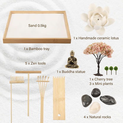 Mini Zen Garden for Desk Bodhi Tree and Buddha | Desktop Sand Tray Japanese Zen Garden Kit for Therapy Office Decor, Home Decor, Meditation Gifts