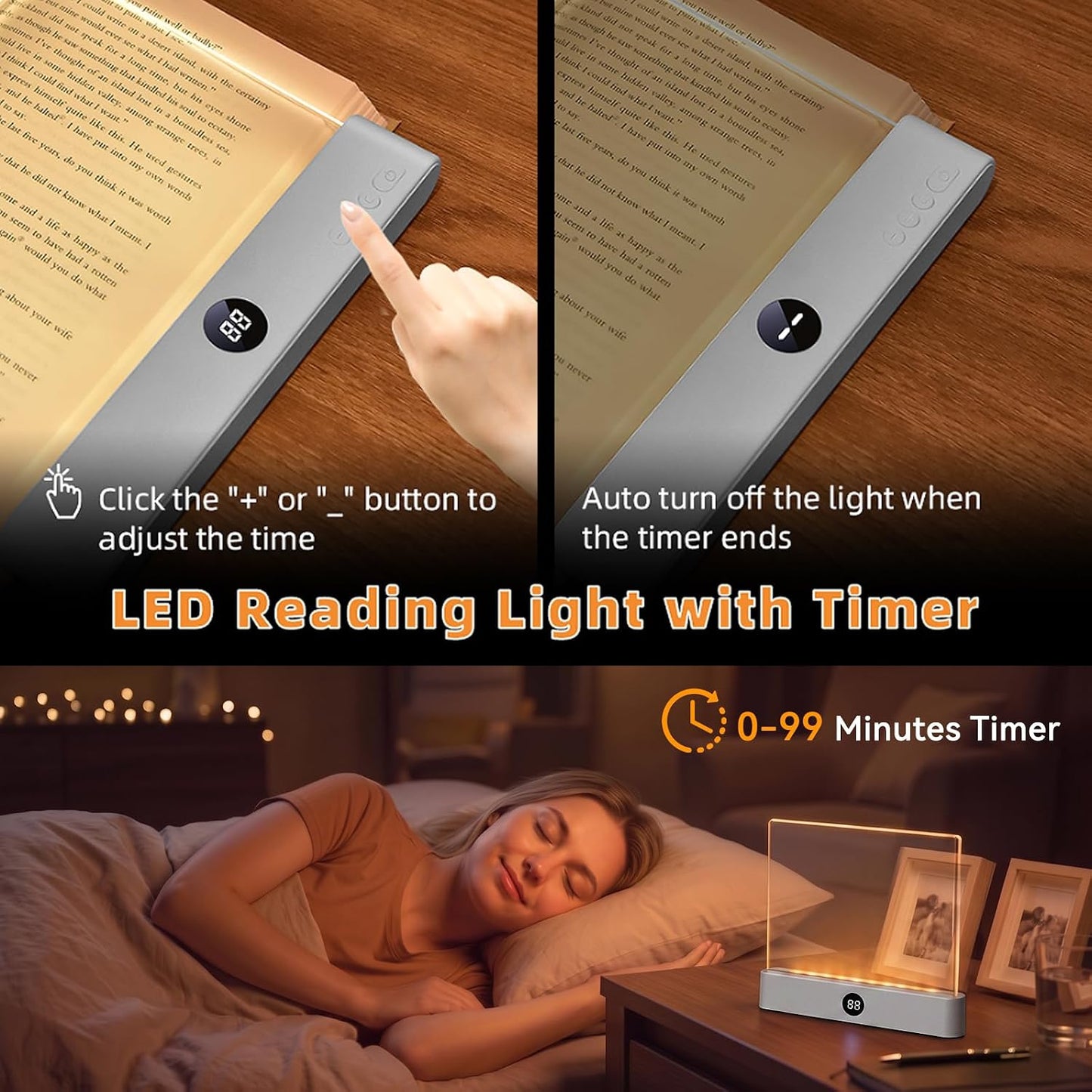 Book Light, Rechargeable Clear LED Flat Reading Light with 3 Colors & Timer, Dimmable Panel Plate Lamp Book Full Page Light for Reading in Bed at Night, Funny Gifts for Readers Kids Women Men (White)