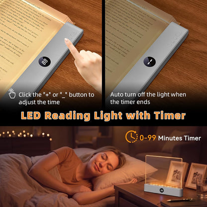 Book Light, Rechargeable Clear LED Flat Reading Light with 3 Colors & Timer, Dimmable Panel Plate Lamp Book Full Page Light for Reading in Bed at Night, Funny Gifts for Readers Kids Women Men (White)