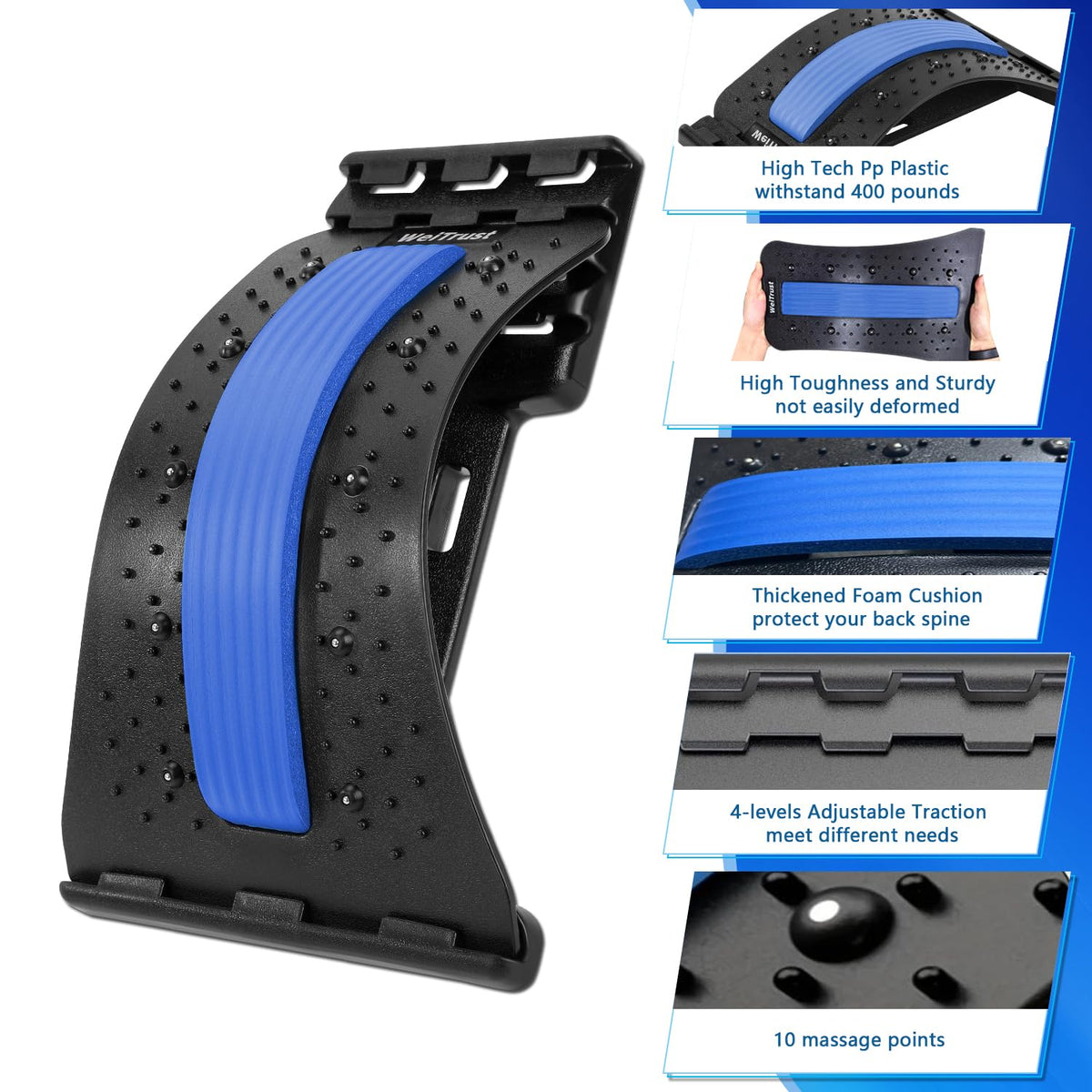 Back Stretcher - 4-Level Adjustable Lumbar Support Board & Back Cracker for Lower Back Pain Relief, Home Office Use (Blue)