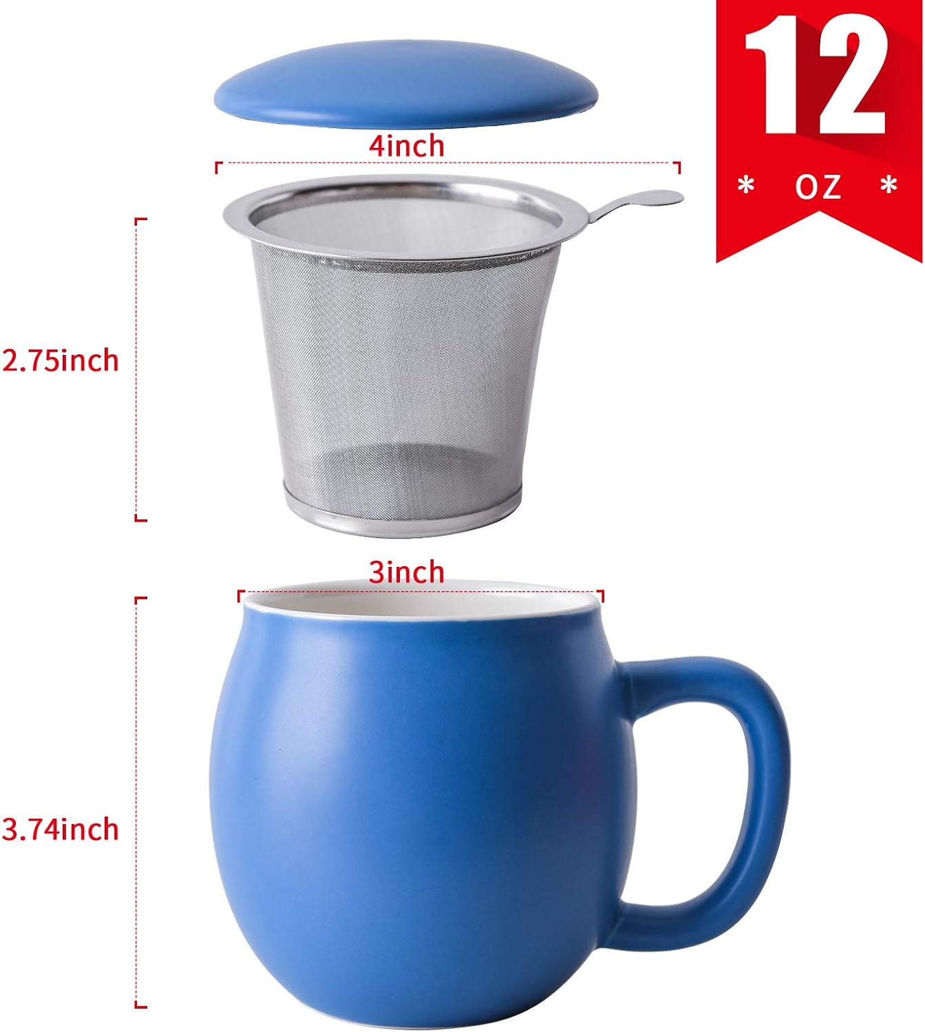 Yundu 12 OZ Matte Green Ceramics Teacup with Infuser and Lid, Mug with Lid for Steeping - Stainless Steel Infuser for Loose Leaf Tea, Home Office Gift for Tea Lovers
