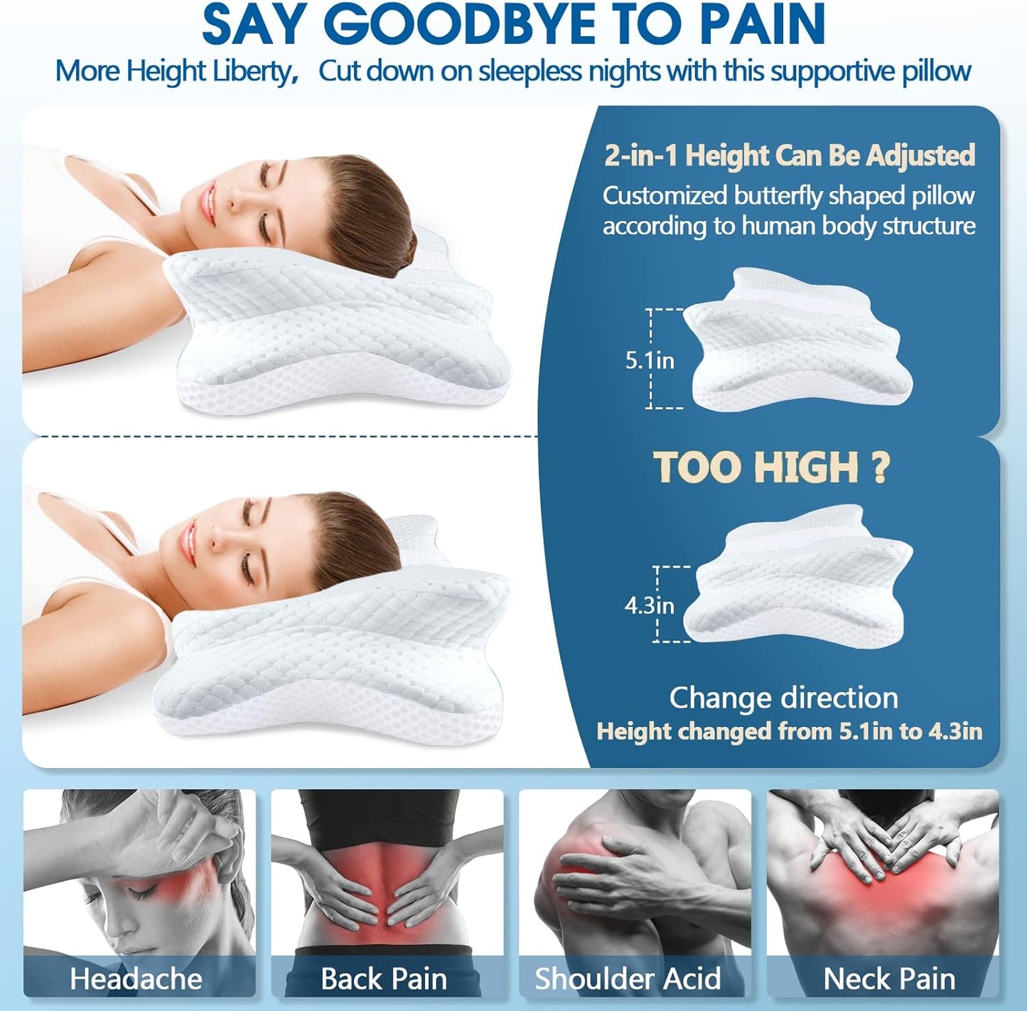 CHxxy Cervical Neck Pillow for Pain Relief Sleeping, Memory Foam Pillows, Ergonomic Side Sleeper Pillows, Cooling Orthopedic Neck Support Pillow for Back Stomach Sleepers-Queen Size Grey&Grey