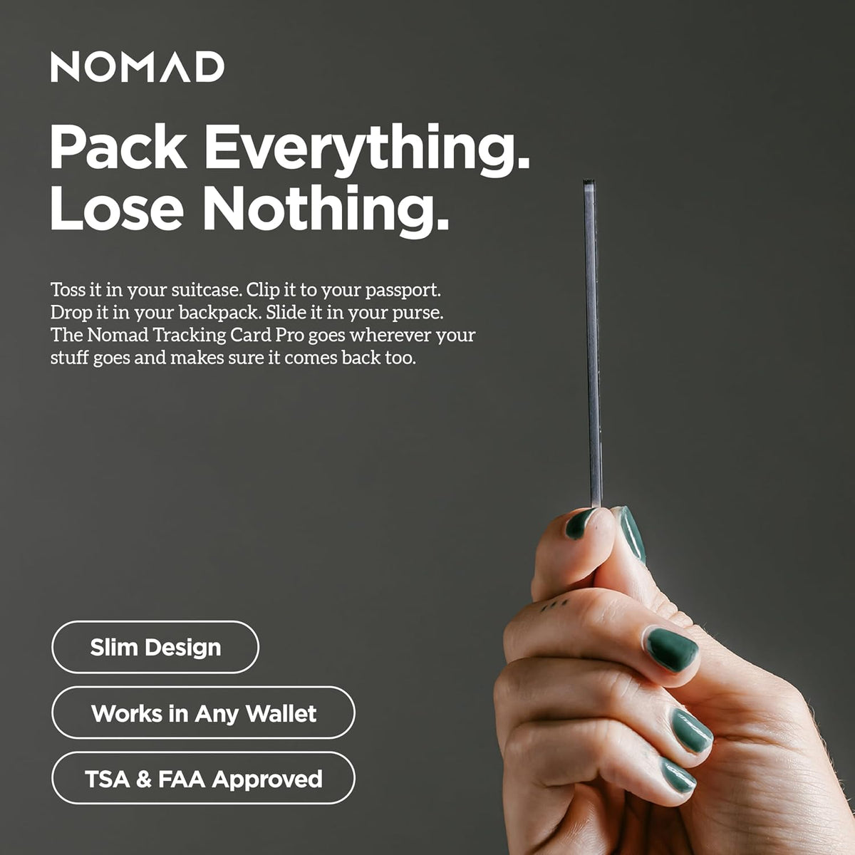 Nomad Tracking Card Carbide, Slim Card Tracker with IPX7 Waterproof and Dust Proof Card Tracker for Wallet & Luggage, 5 Months GPS Tracker Long Battery Life, Rechargeable, Compatible with iOS Only