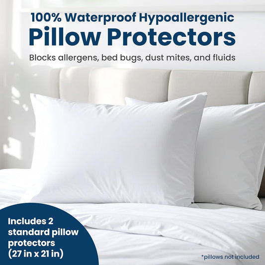 Stain Resistant & Waterproof Full Size Pillow Protectors with Zipper (Set of 2) - White Pillowcases - Breathable, Comfortable Covers for Pillows, 21 x 27 Inches