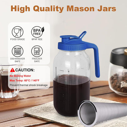 Cold Brew Coffee Maker,64 oz Mason Jar Pitcher with Stainless Steel Filter, Pour Spout Handle Lid, Heavy Duty Glass Airtight & Leak-Proof for Iced Coffee,Tea & Lemonade
