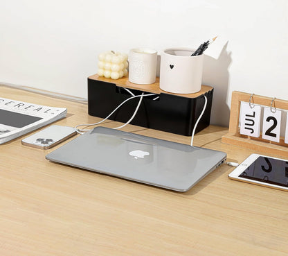 Cable Management Box, Cord Organizer Box with Bamboo Lid, White