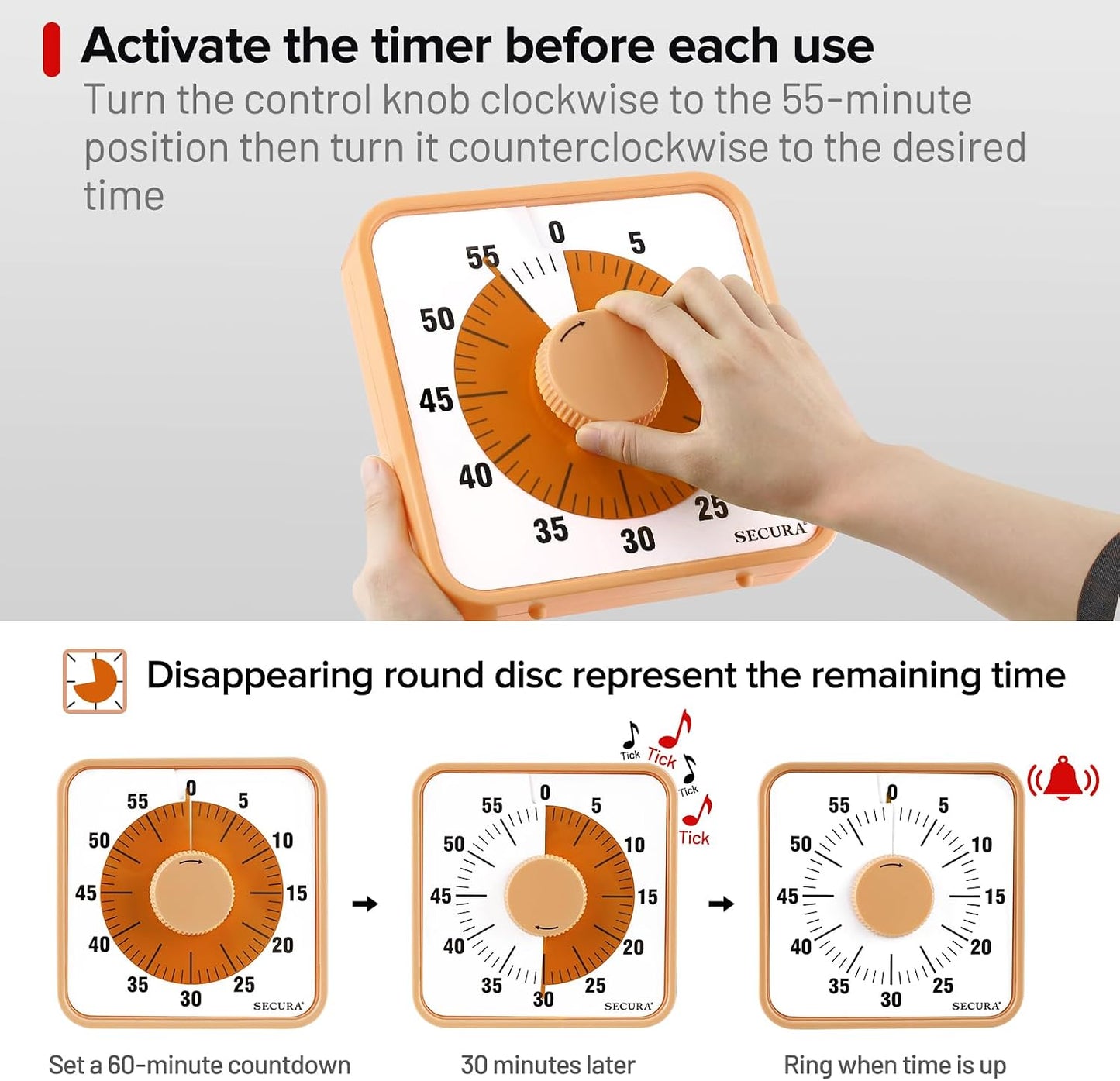 Secura 7.5 Inch Visual Timer, 60 Minute Visual Oversize Countdown Timer for Kids and Adults, Durable Mechanical Time Management Tool (Dark Green)