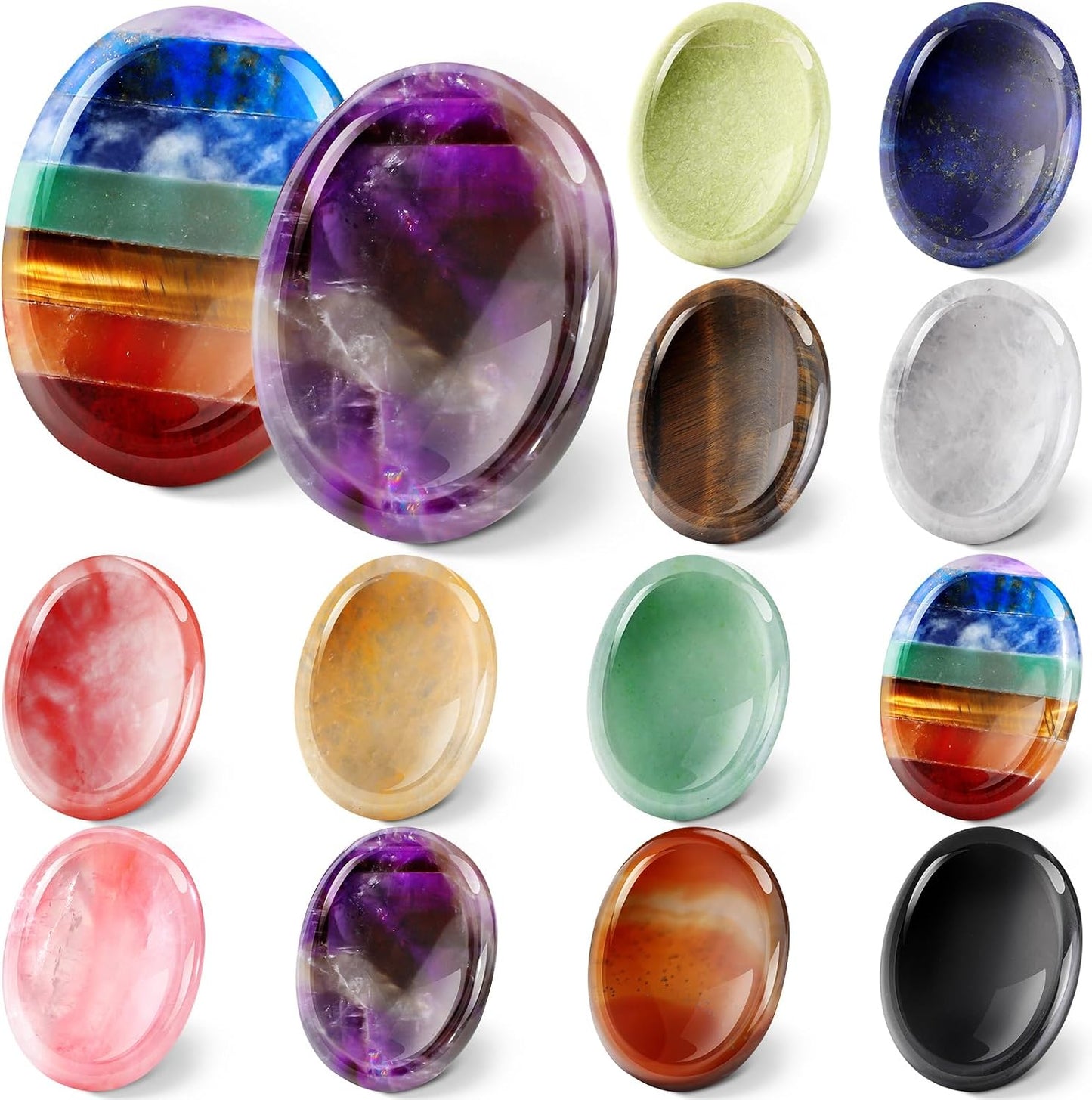 Fumete 18 Pcs Thumb Worry Stone for Anxiety Chakra Crystals Oval Chakra Stones Amethyst Tigers Eye Crystal for Anxiety Stress Relief Meditation Office Stress Yoga Crystal Spiritual Gift (Mixed Set)