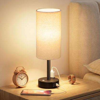 Touch Bedside Table Lamp with Memory - Stepless Dimmable Lamp for Bedroom, Small Nightstand Lamp with Dual USB Charging Ports and AC Outlet, Wood Night Light, Desk Lamp for Nursery, Living Room, Dorm