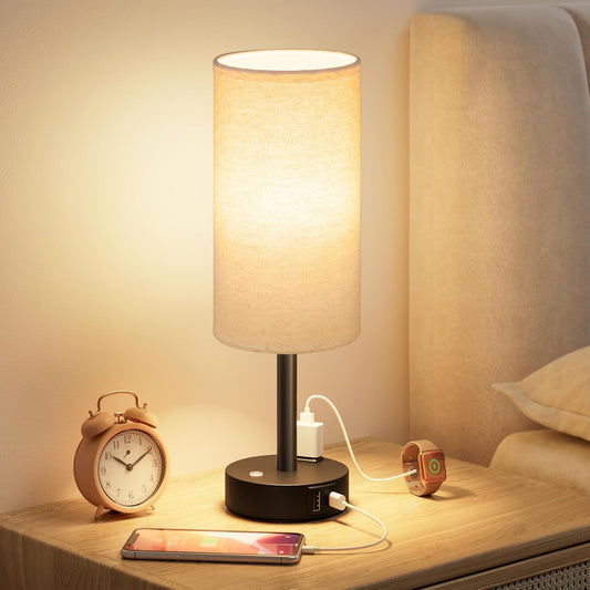 Touch Bedside Table Lamp with Memory - Stepless Dimmable Lamp for Bedroom, Small Nightstand Lamp with Dual USB Charging Ports and AC Outlet, Wood Night Light, Desk Lamp for Nursery, Living Room, Dorm