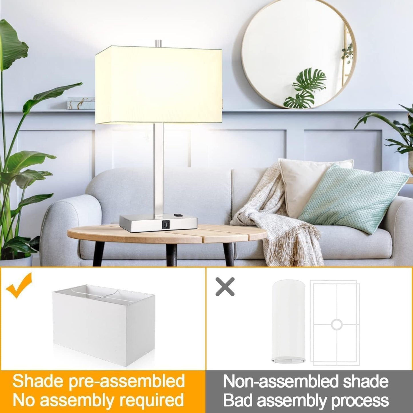 21" Touch Bedside lamps with 2 USB & AC Outlets, 3-Way Dimmable Bedside Table Lamps Set of 2 for Bedroom Living Room Office Reading, Gray Shade Lamps for Night Stands, 5000K LED Bulbs Included