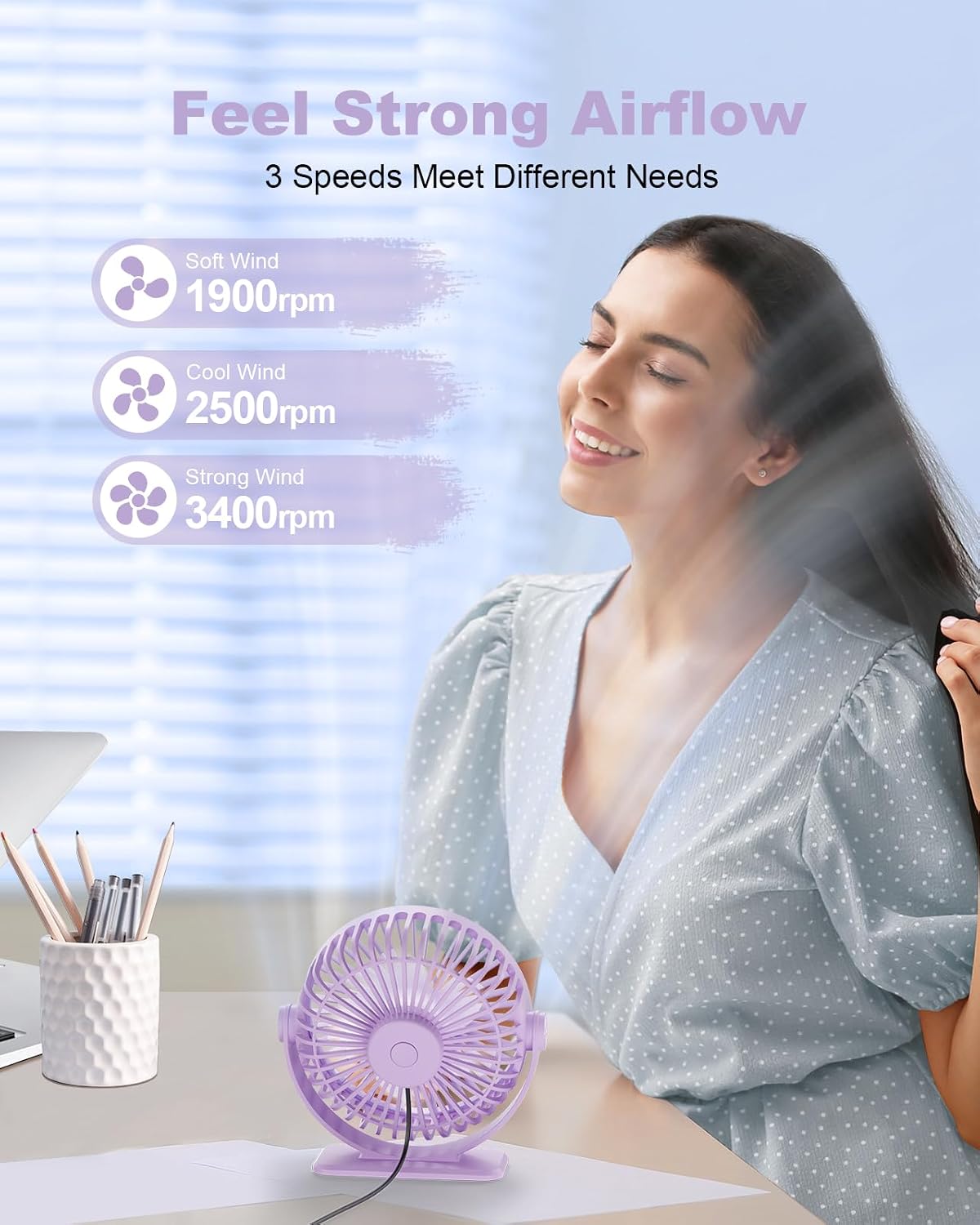 TriPole Desk Fan USB Powered Small Portable Fan, 3 Speeds Adjustable Strong Breeze Mini Personal Fans, 360° Rotation Quiet Plug In USB Fans for Desktop Bedroom Office Table Travel, Black, 4.9ft Cable
