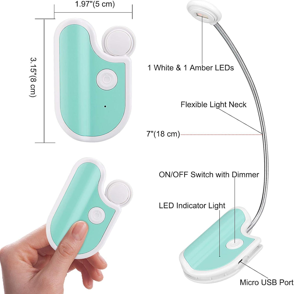 BIGMONAT Rechargeable Reading Light for Kids,Small Amber Book Light,Multi Colors Portable LED Reading Lamp with 361° Rotary Light Neck,Wireless Clip Reading Light for Books (White)