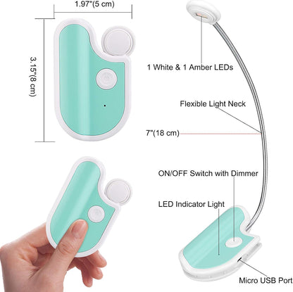 BIGMONAT Rechargeable Reading Light for Kids,Small Amber Book Light,Multi Colors Portable LED Reading Lamp with 361° Rotary Light Neck,Wireless Clip Reading Light for Books (White)