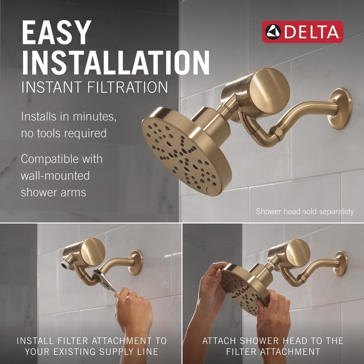 Delta Faucet Clarifi Premium Shower Filter Attachment with Filter, Hard Water Shower Filter, Shower Head Filter, Stainless 5SF100-SS