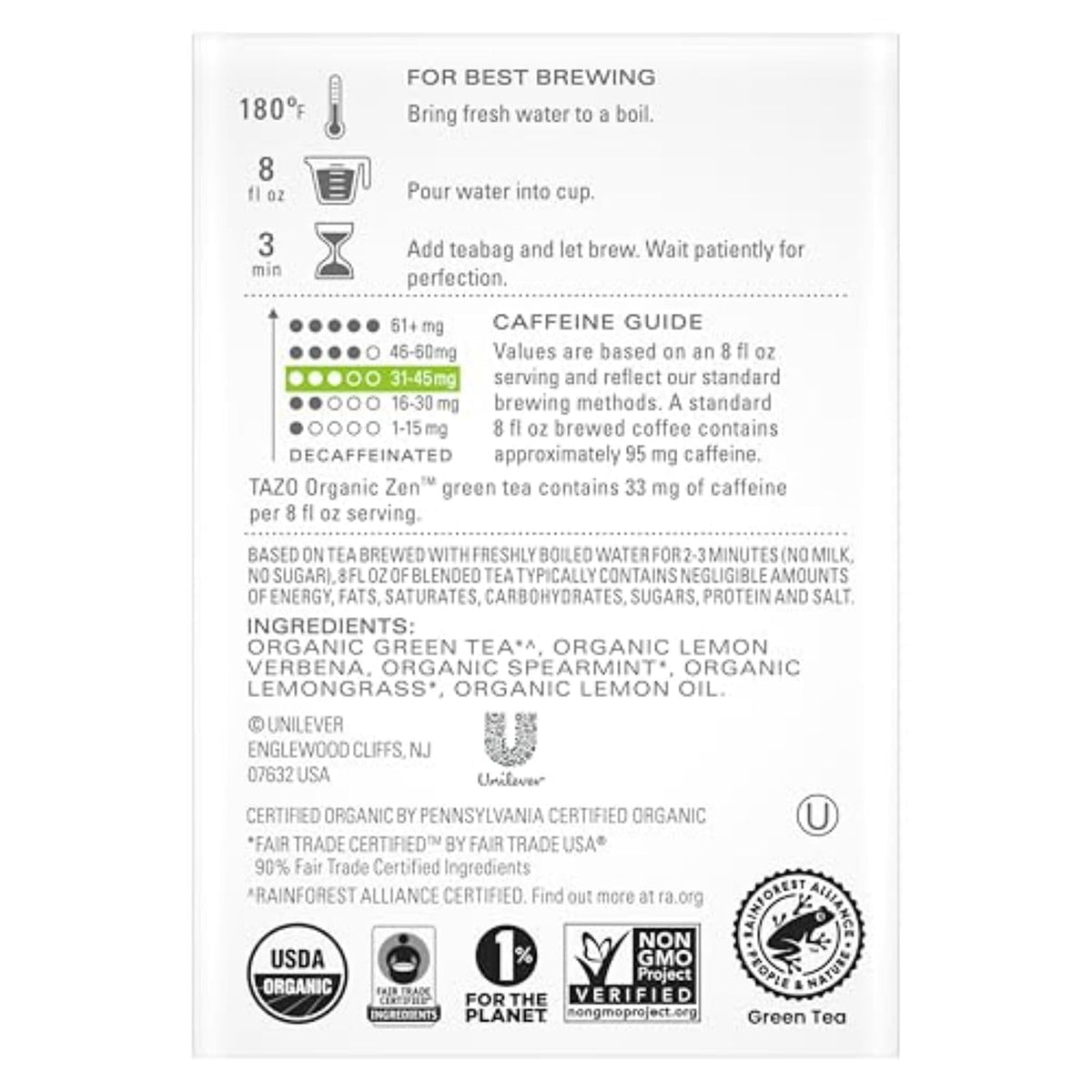 TAZO Organic Zen Green Tea, Caffeinated Tea with Refreshing Lemongrass & Spearmint, 36 Total Bags (Pack of 2)