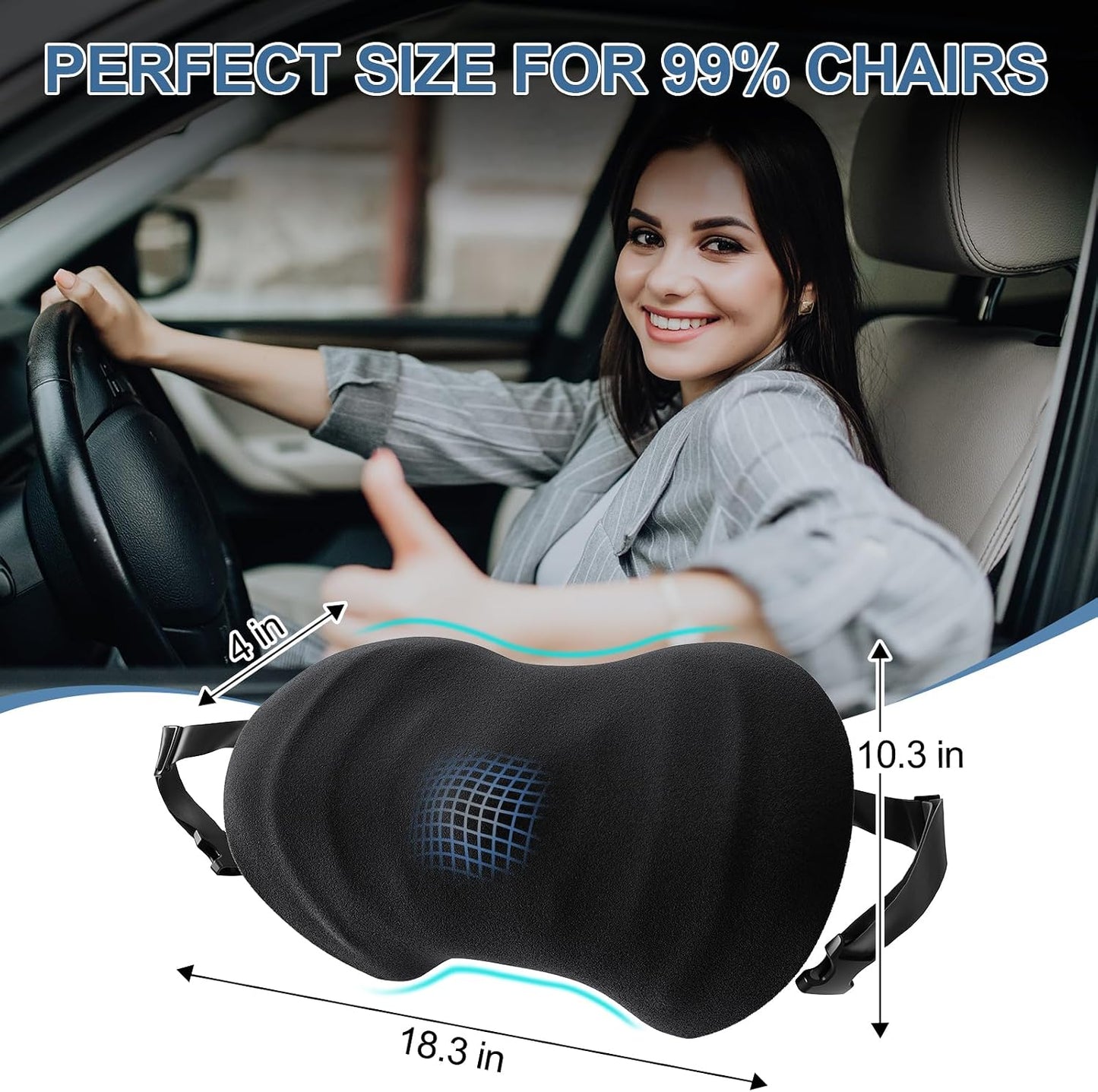 Lumbar Support Pillow for Car, Ergonomic Back Cushion with Strap, Memory Foam Lower Back Support Cushion for Driving, Lumbar Pillow for Pain Relief, for Office Chair, Long Sitting (Black 4D Mesh)