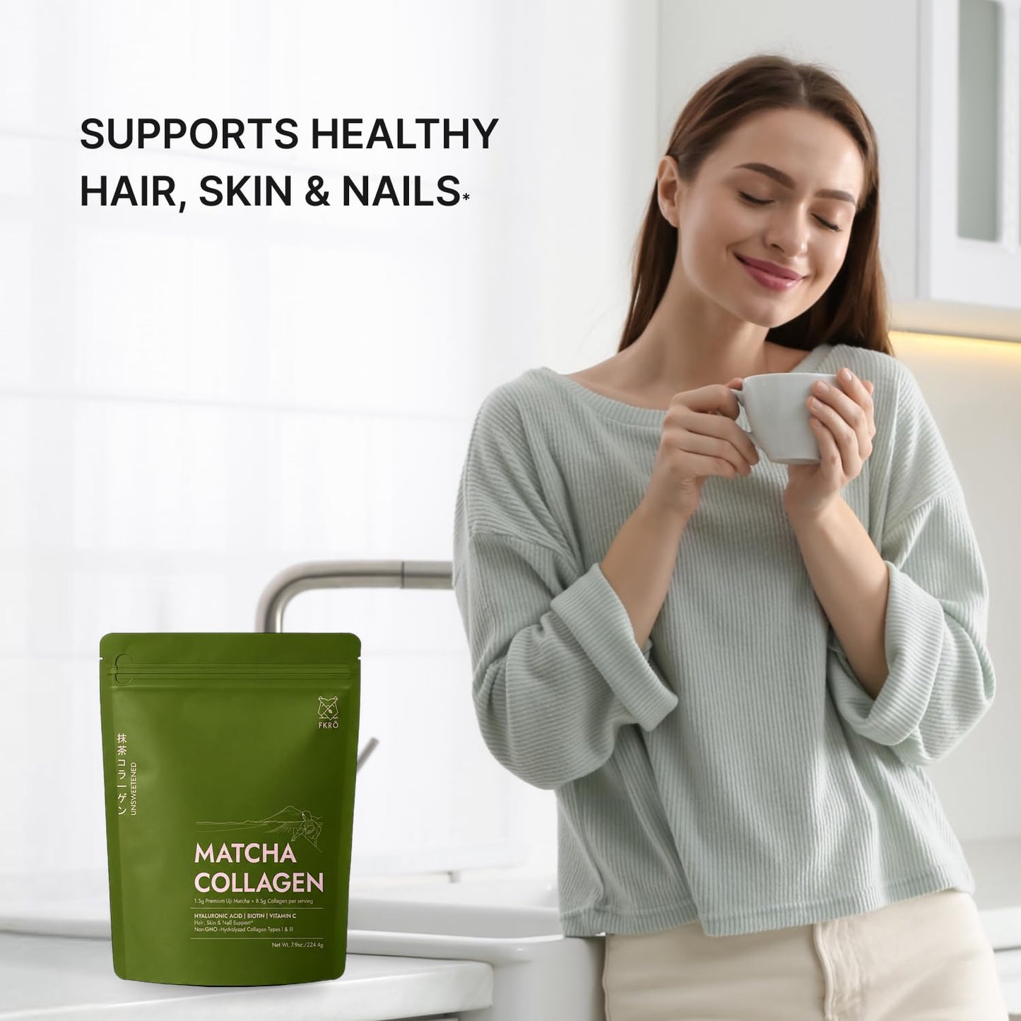 FKRO Matcha Collagen Peptides Powder with Biotin, Hyaluronic Acid & Vitamin C | Type I & III Hydrolyzed Collagen for Hair, Skin & Nails | Unsweetened Japanese Matcha Latte | 22 Servings, 7.9oz