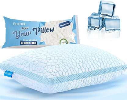 QUTOOL Double Sided Cooling Pillow for Hot Sleepers, Shredded Memory Foam Pillows Queen Size Set of 2, Adjustable Soft & Firm Gel Bed Pillow for Side, Back, Stomach Sleepers