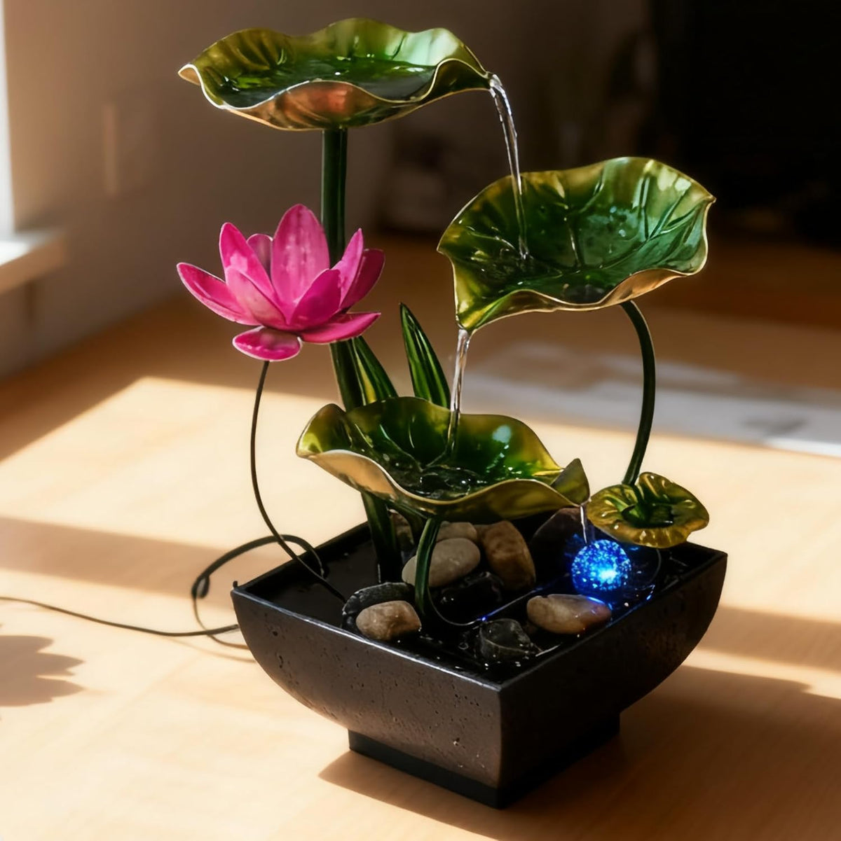 AOZITA Tabletop Fountain, Indoor Waterfall Fountain, Small Home Décor Zen Relaxation Soothing Sound Machine for Office, Living Room, or Bedroom,Blue Metal Lotus with Bud, River Rocks,Round LED