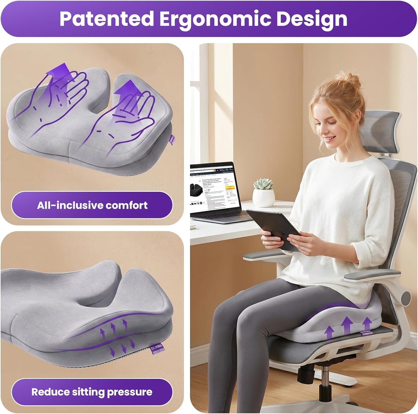 ZZ-WELL Seat Cushion for Office Chairs, Black, 21.2 Inches | Coccyx Cushion for Tailbone Pain, Memory Foam, Extra Large Thick, Patented Pressure Relief, Computer Gaming Chair