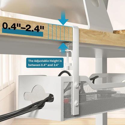Under Desk Cable Management Tray No Drill, Metal Mesh Cable Management Under Desk with Clamp Mount, 2 Hole Cable Tray with Wire Management and Cord Organizer for Home Office Standing Desk