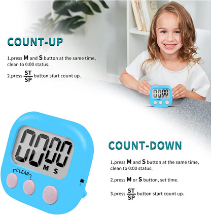 6 Pack Small Digital Kitchen Timer Magnetic Back and ON/Off Switch,Minute Second Count Up Countdown (Multicolored)