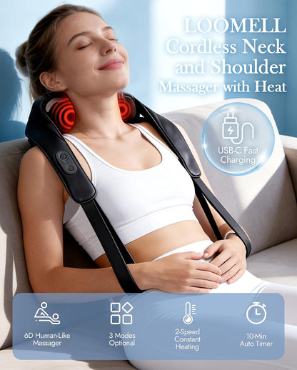 Neck Massager with Heat Cordless: Shiatsu Back Shoulder Massage Tools for Pain Relief Deep Tissue Electric 4D Kneading for Muscle Remedy Lymphatic Drainage Gifts for Men Women Mom Dad (Black)