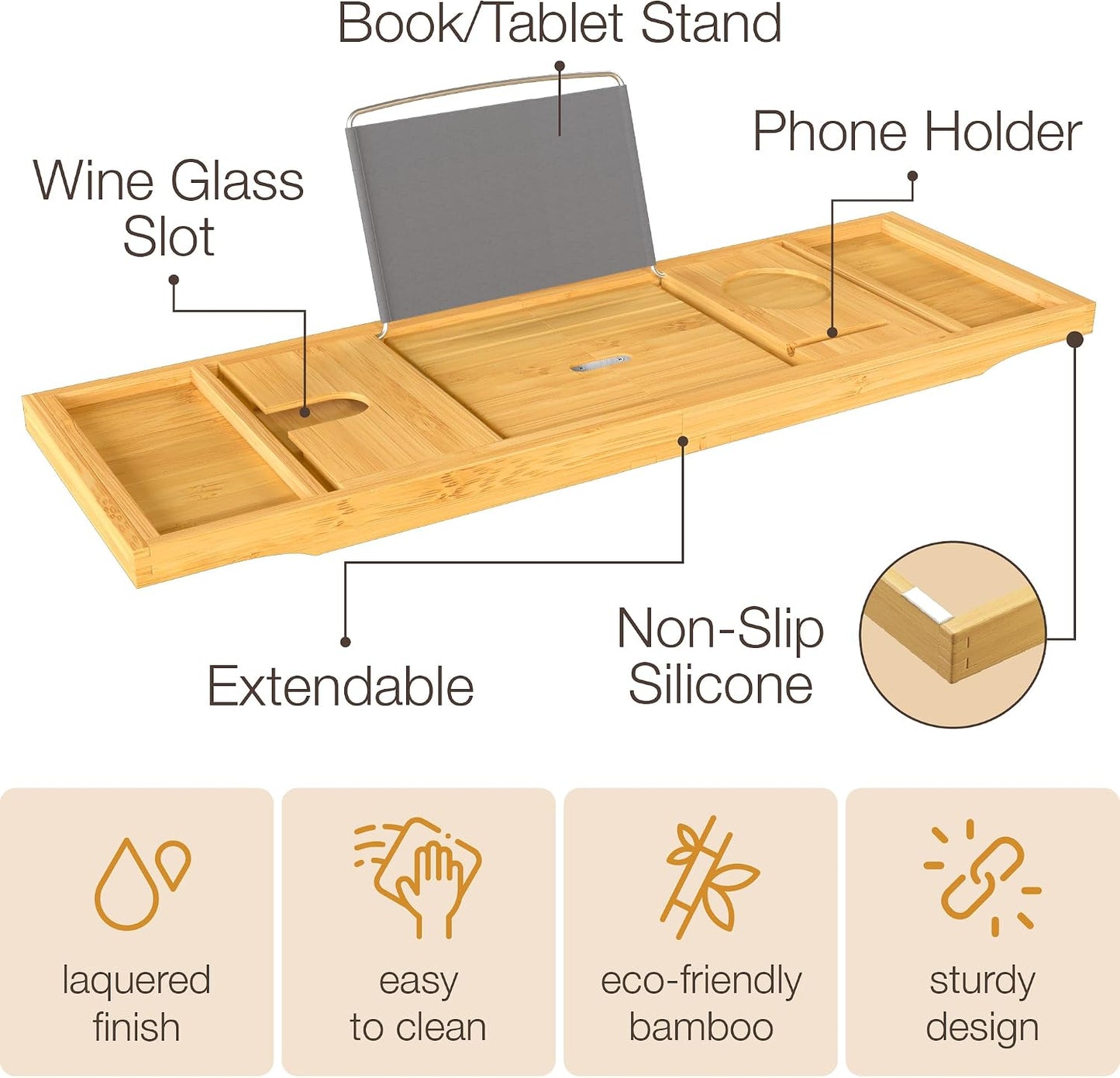 Bambüsi Bathtub Tray for Tub - Brown Bamboo Bath Tray, Expandable Wooden Bath Caddy Tray with Wine Holder, Book and Tablet Stand, Bathroom Accessories, Tub Table, Spa Bath Gifts for Women and Couples