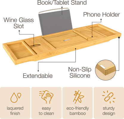 Bambüsi Bathtub Tray for Tub - Brown Bamboo Bath Tray, Expandable Wooden Bath Caddy Tray with Wine Holder, Book and Tablet Stand, Bathroom Accessories, Tub Table, Spa Bath Gifts for Women and Couples