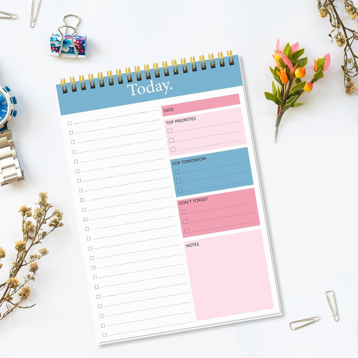 To Do List Notepad - Daily Planner Notepad 104 Pages Task Planner, 6.7" x 9.8" Double Sided Spiral Notebook with Checklist Productivity Planning Pad for Work Office Home-Pink