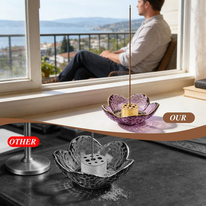 Incense Holder for Sticks and Backflow Incense, Handmade Glass Cherry Blossom Incenses Stick Holder with 9 Incenses Holes Incenses Burner Ash Catcher Ideal for Incense Burning, Home & SPA Decor