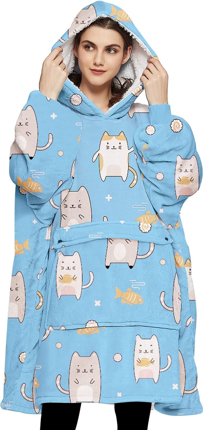 KFUBUO Wearable Blanket Hoodie for Adults Sherpa All Patterns Cat Oversized Sweatshirt Blanket with Pockets for Women