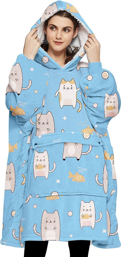 KFUBUO Wearable Blanket Hoodie for Adults Sherpa All Patterns Cat Oversized Sweatshirt Blanket with Pockets for Women