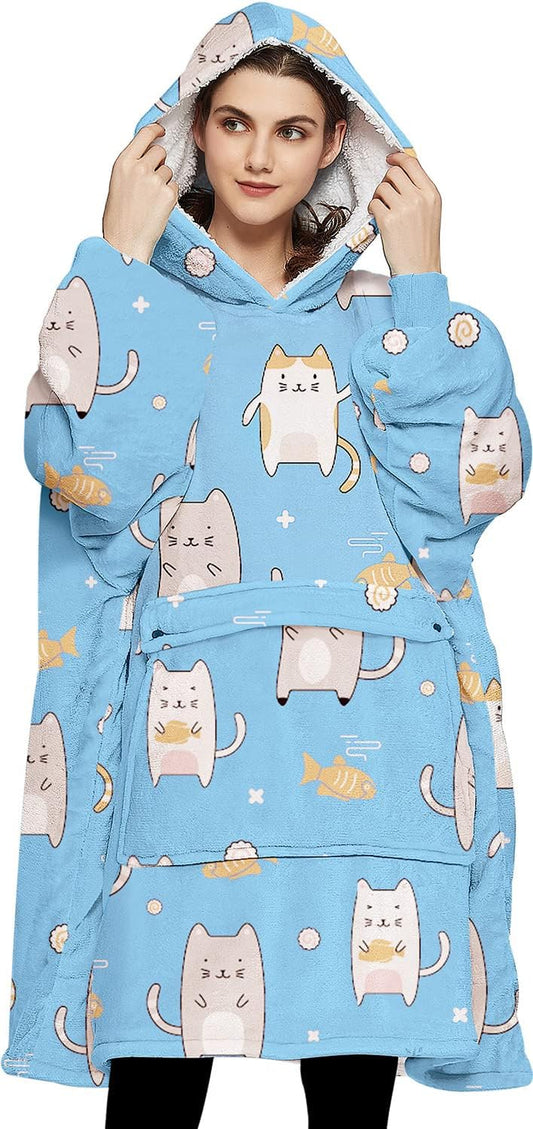 KFUBUO Wearable Blanket Hoodie for Adults Sherpa All Patterns Cat Oversized Sweatshirt Blanket with Pockets for Women