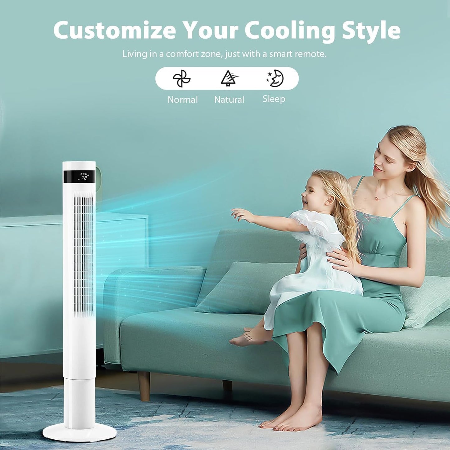 Antarctic Star Tower Fan 85°Oscillating Fan Quiet Cooling 12H Timer Remote Control Bladeless Electric 3 Speeds Wind 3 Modes, 42INCH, PINK