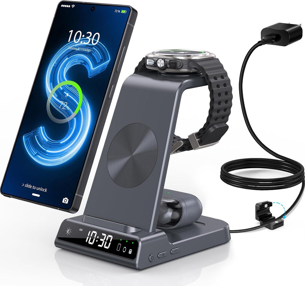 Wireless Charger for Samsung S25 with Clock 3 in 1 Android Charging Station