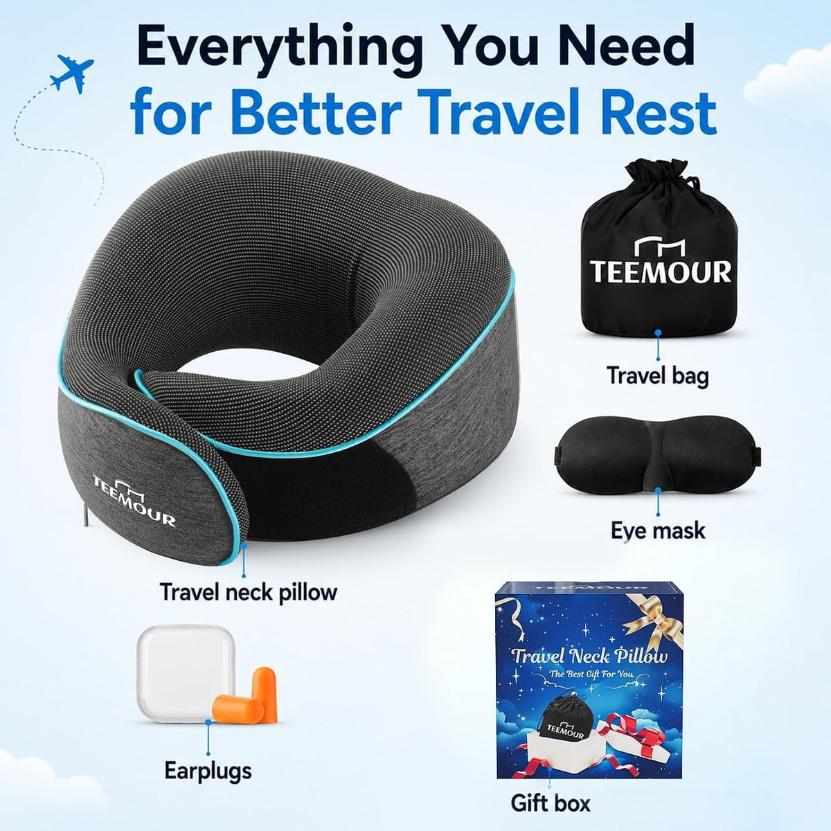 Travel Pillow Neck Pillow for Airplane Travel Essentials - Memory Foam Travel Neck Pillow, Stops Head Bobbing With Eye Mask & Earplugs, Portable Carry Bag for Long Flights| Airplane Accessories Black