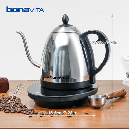 Bonavita 1L Digital Variable Temperature Gooseneck Electric Kettle for Coffee Brew and Tea Precise Pour Control, 6 Preset Temps, Café or Home Use, 1200 Watt, LED Panel, Stainless Steel