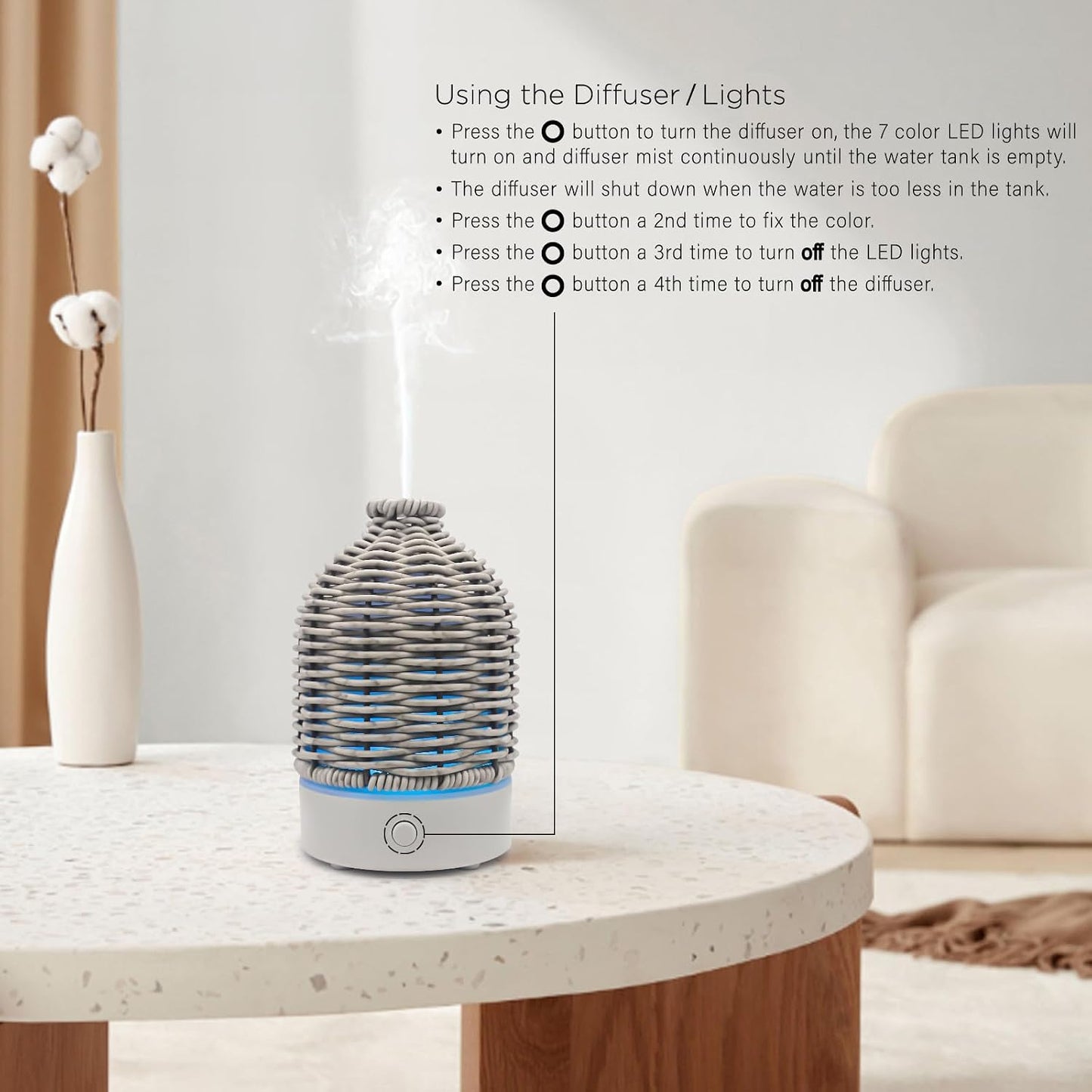 VICTORIA AROMA Essential Oil Diffuser - Multifunction Aromatherapy Diffuser 7 LED Color Changing Light 100ML Rattan Diffuser Easy to Clean Suitable for Home,Office (Tan)