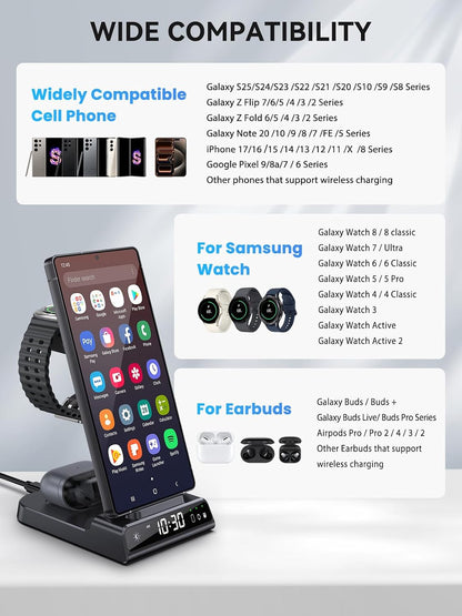 Wireless Charger for Samsung S25 with Clock 3 in 1 Android Charging Station