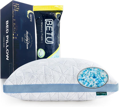 BETU Cooling Pillow Queen Size, Shredded Memory Foam Cool Pillow for Hot Sleepers, Adjustable Firm Soft Support Bed Pillows Perfect for Back Neck Pain and Side Sleeping with Pillow Case Cover, White