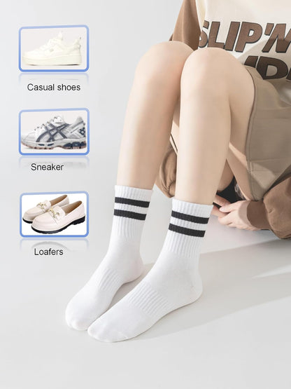 YUWELL Womens Striped Crew Socks, Cotton Cozy Casual Socks for Women 4 Pairs, Size 5-10