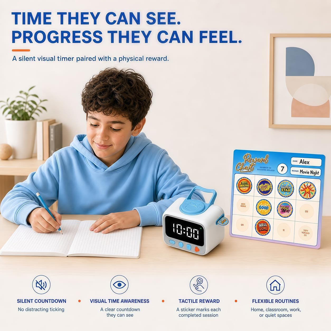 Sticker Timer Visual Countdown Timer with 200 Medal Reward Stickers for Kids Rewards, Rechargeable Digital Timer for ADHD Focus, Classroom & Homeschool Tool