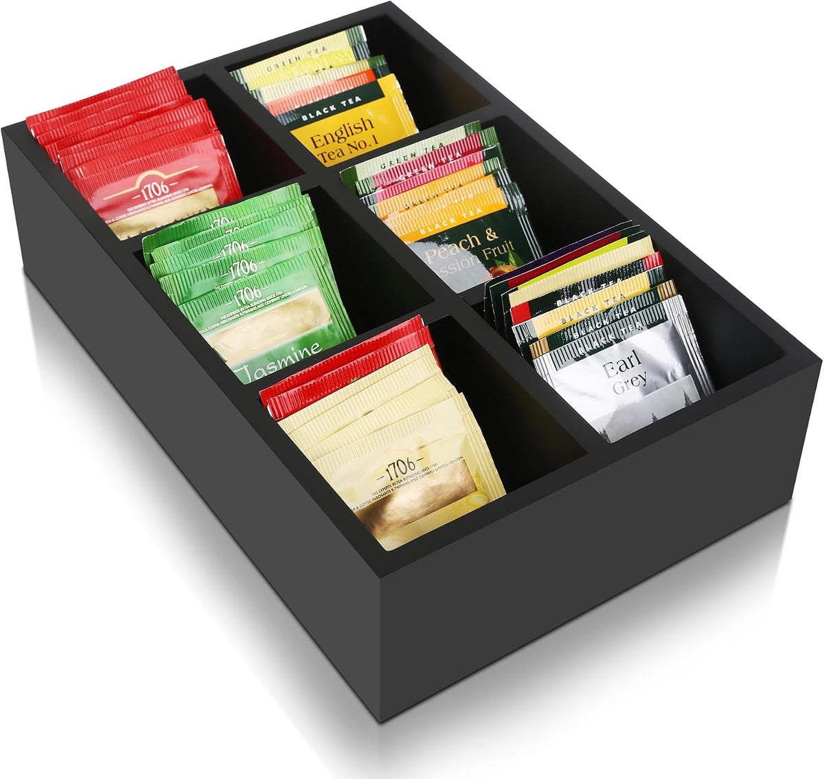 Tea Bag Box Black 6 Compartments Tea Organizer Storage Wood Drawer Station
