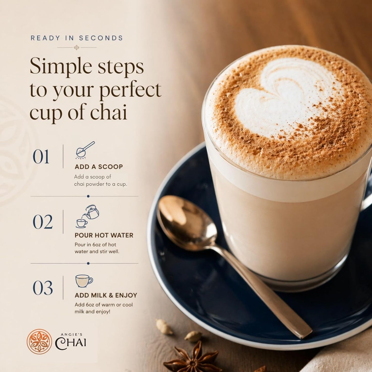 Angie's Chai Sweet & Spicy Organic Instant Chai Tea Powder - Made in USA, Delicious Spiced Mix, 30 Servings, 80 Calories, Handcrafted, Free of Artificial Ingredients, Natural Indian Spice, 12 oz