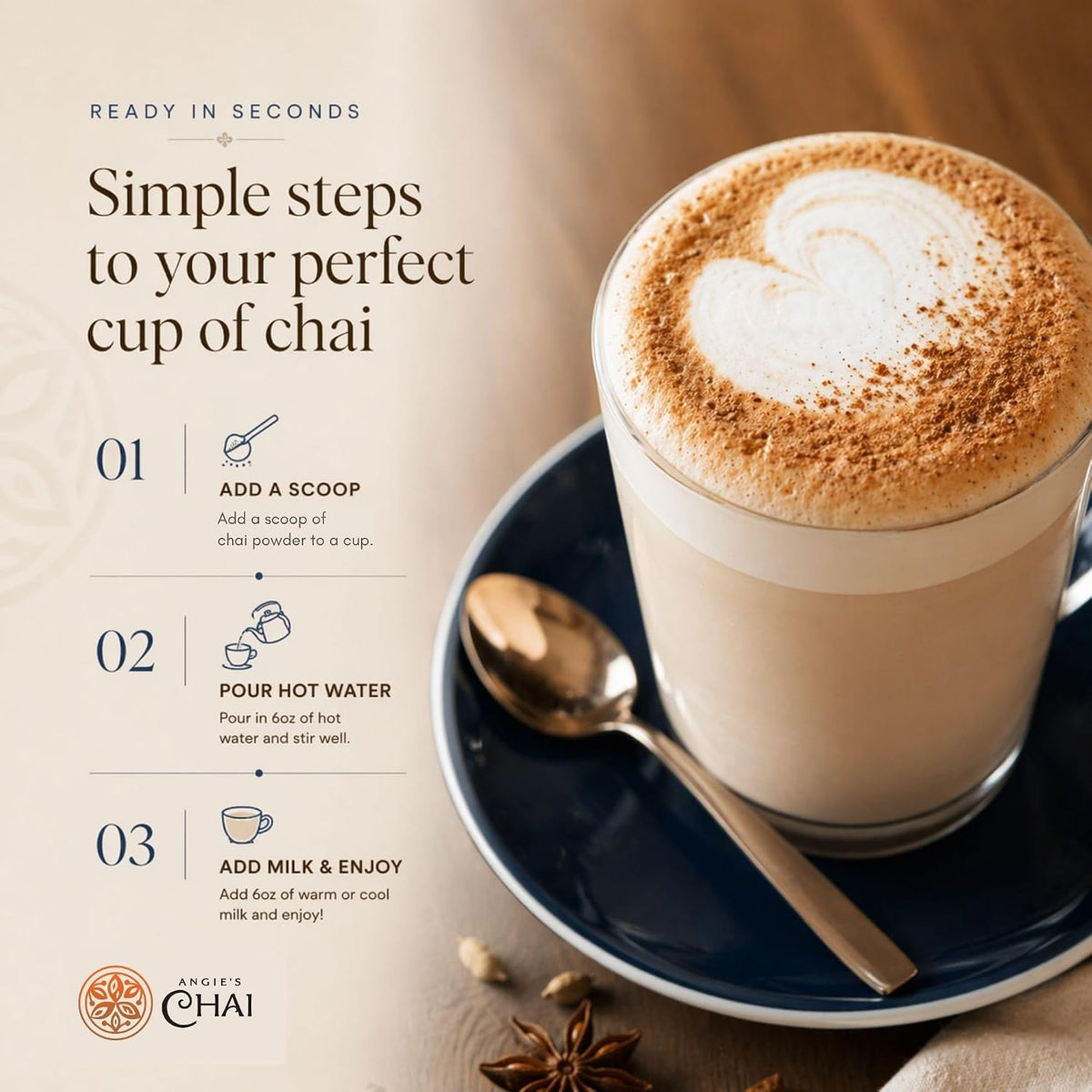 Angie's Chai Sweet & Spicy Organic Instant Chai Tea Powder - Made in USA, Delicious Spiced Mix, 30 Servings, 80 Calories, Handcrafted, Free of Artificial Ingredients, Natural Indian Spice, 12 oz