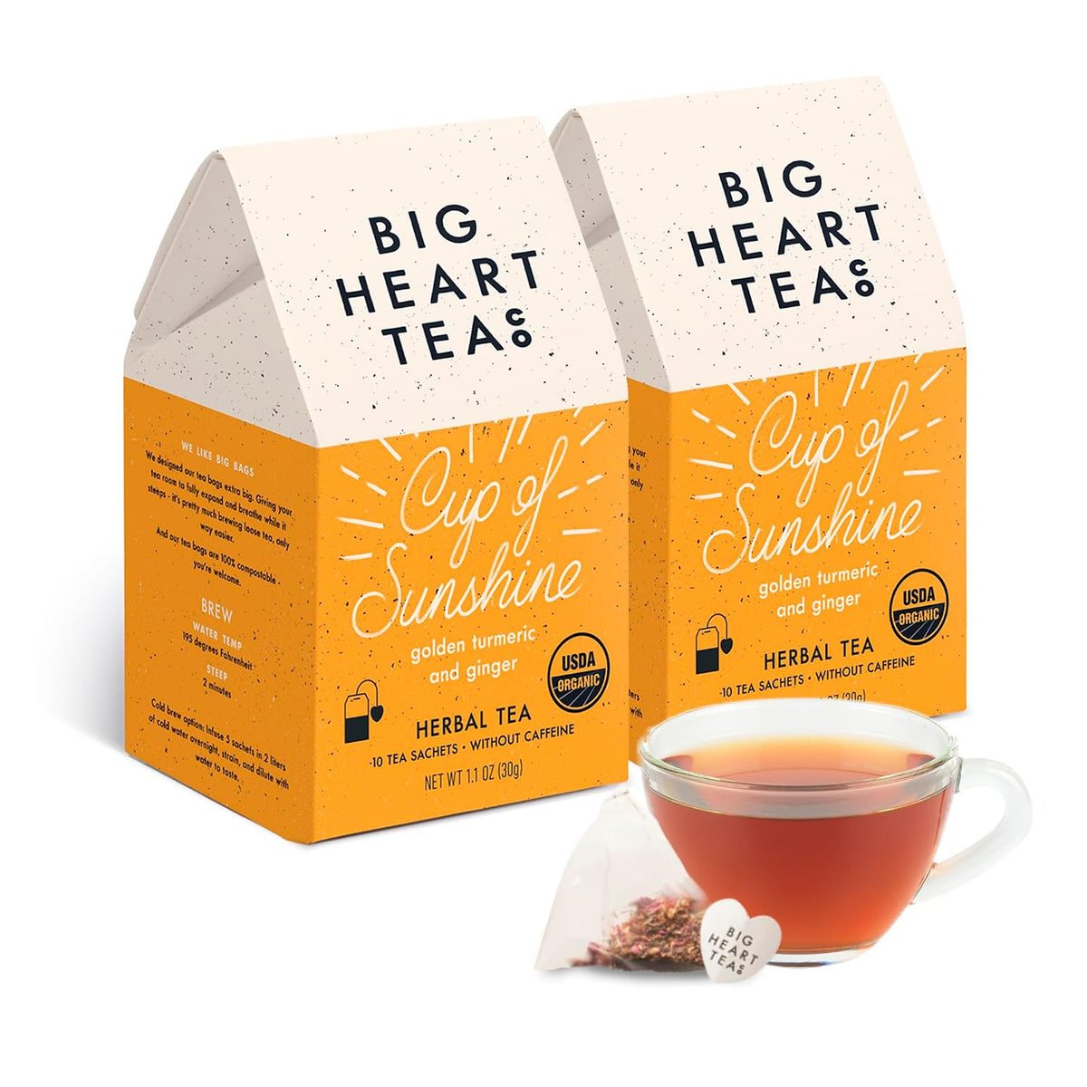 Big Heart Tea Co. Ginger Turmeric Tea, Certified Organic Tea Bags (20 Count) Herbal Caffeine Free Blend with Adaptogenic Tulsi, Peppercorn, Cinnamon - Cup of Sunshine